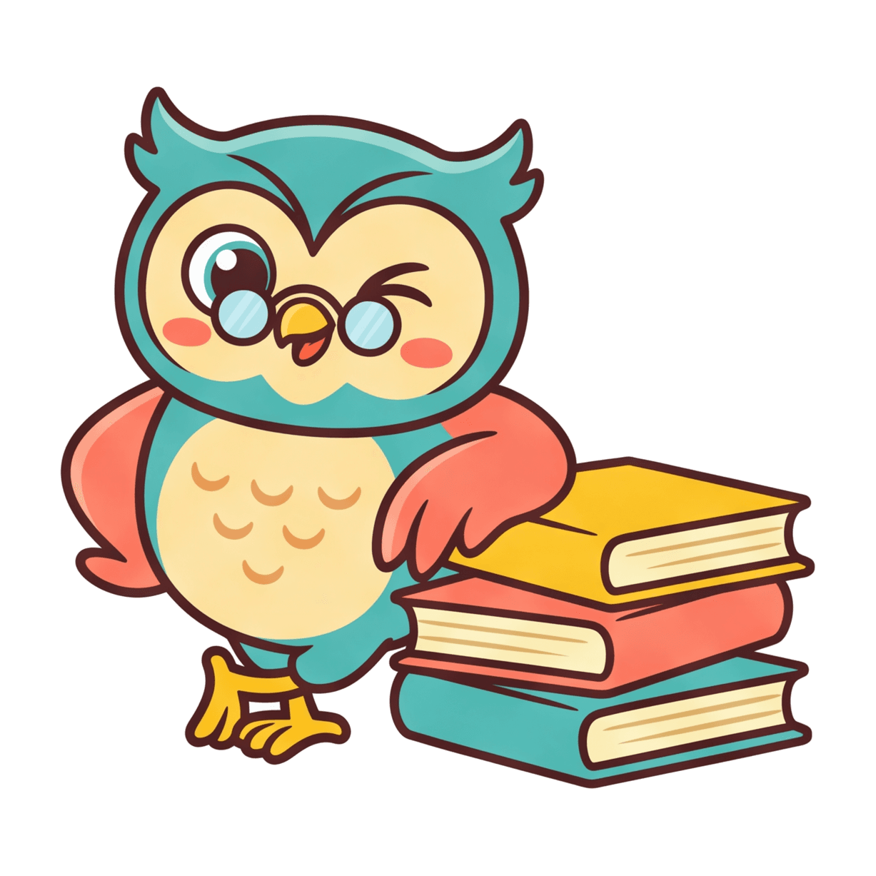 Kavi, the KAVI owl, winking in glasses beside a stack of books