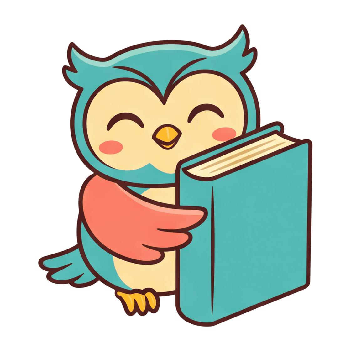Kavi, the KAVI owl, hugging a book