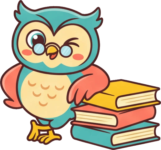 Kavi, the KAVI owl, winking in glasses beside books