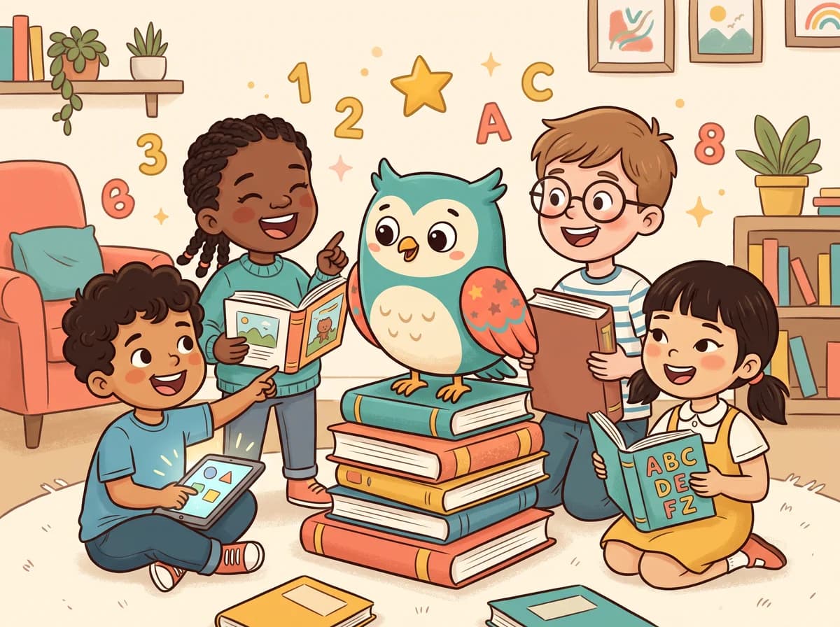 Children learning together with Kavi the owl