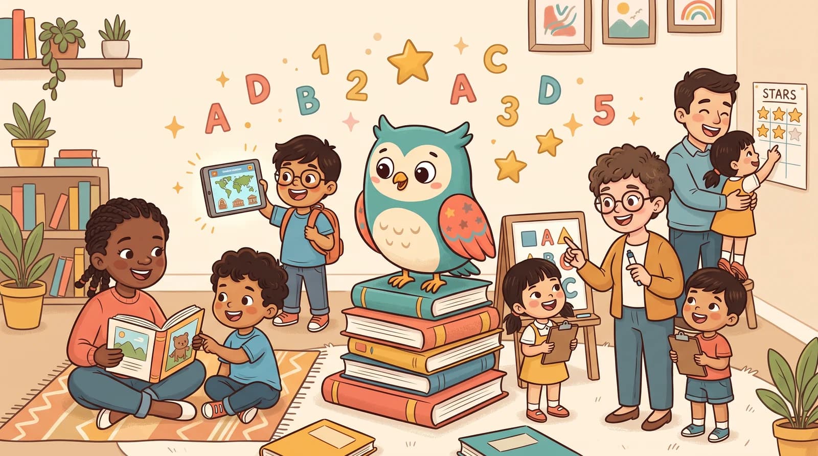 Kavi the owl with homeschoolers, a teacher and pod, a student and a parent, all learning together
